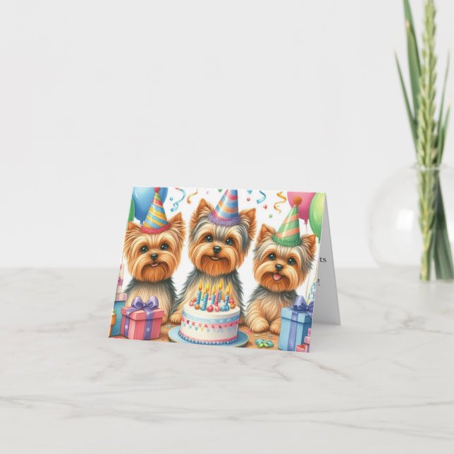 Carte d'anniversaire Yorkie Puppy avec Casquettes  (Devant)