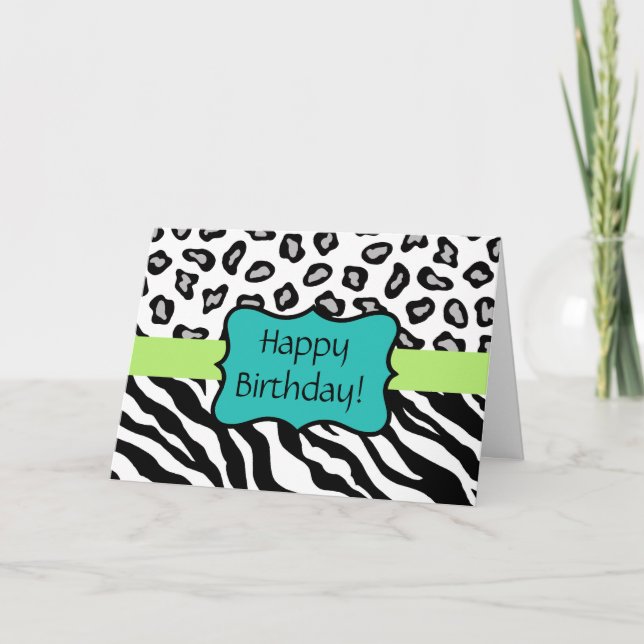 Carte d'anniversaire Zebra & Leopard noir & blanc (Devant)