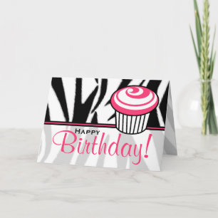 Carte d'anniversaire Zebra Print avec Cupcake rose