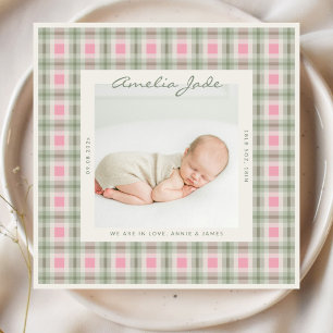Carte d'annonce bébé à carreaux vert sauge rose