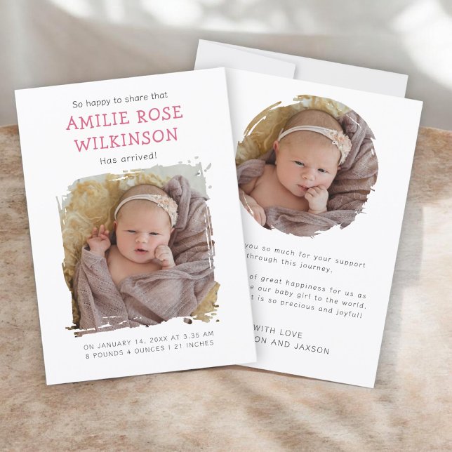 Carte d'annonce d'arrivée de bébé fille avec photo (Créateur téléchargé)