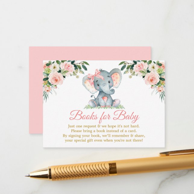 Carte d'annonce de douche éléphant floral rose (Devant/Arrière en situation)