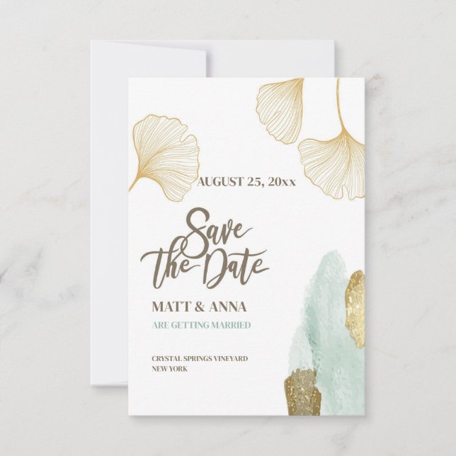 Carte d'annonce de feuilles dorées "Save the Date" (Devant)