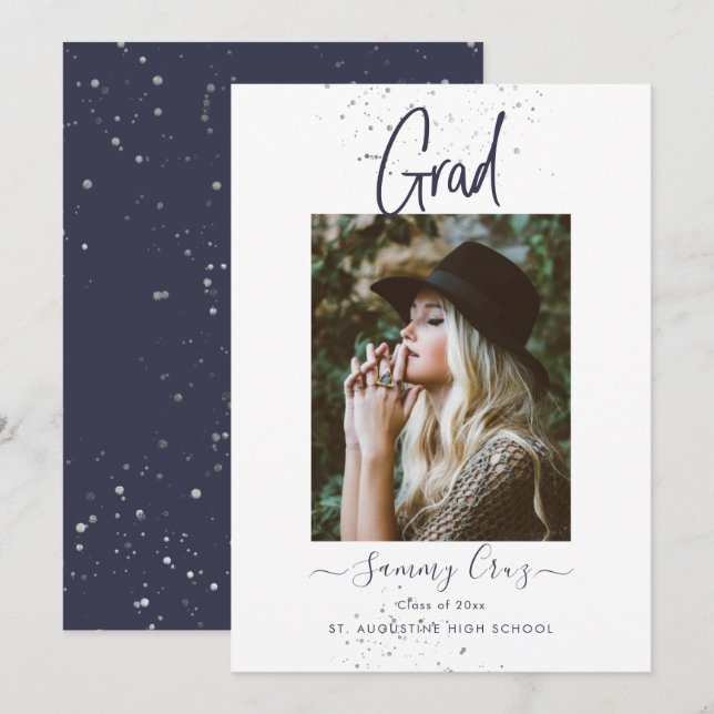 Carte d'annonce de graduation plate bleu marine Pi (Devant / Derrière)