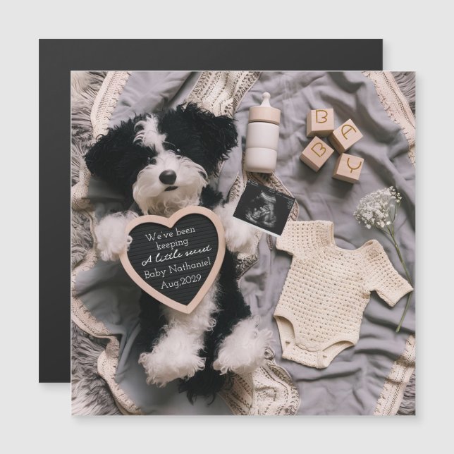 Carte d'annonce de grossesse avec peluche de chiot (Devant / Derrière)