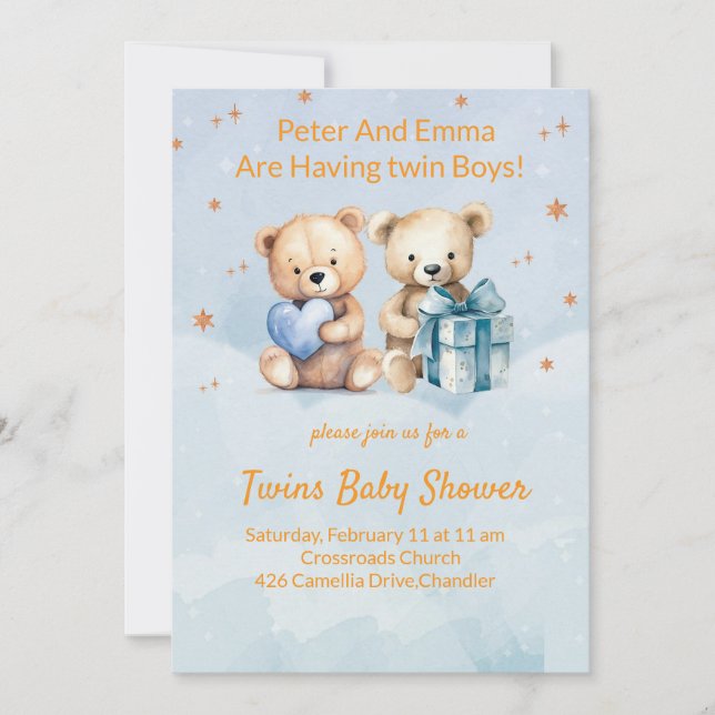 Carte d'annonce de jumeaux bébés garçons adorable (Devant)