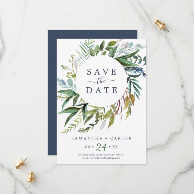 Carte d'annonce de mariage à la verdure estivale (Devant/Arrière en situation)