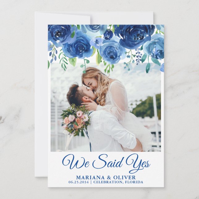 Carte d'annonce de mariage bleu marine floral (Devant)