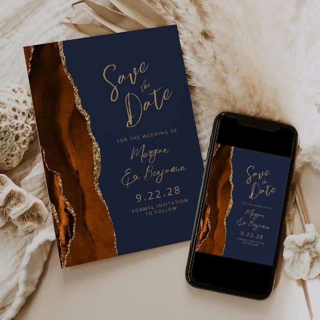 Carte d'annonce de mariage Burnt Orange Agate Bleu (Créateur téléchargé)