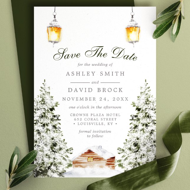 Carte d'annonce de mariage Cabane Rustique d'Hiver (Créateur téléchargé)