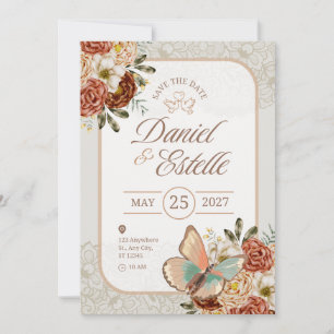 Carte d'annonce de mariage élégante aux fleurs ros