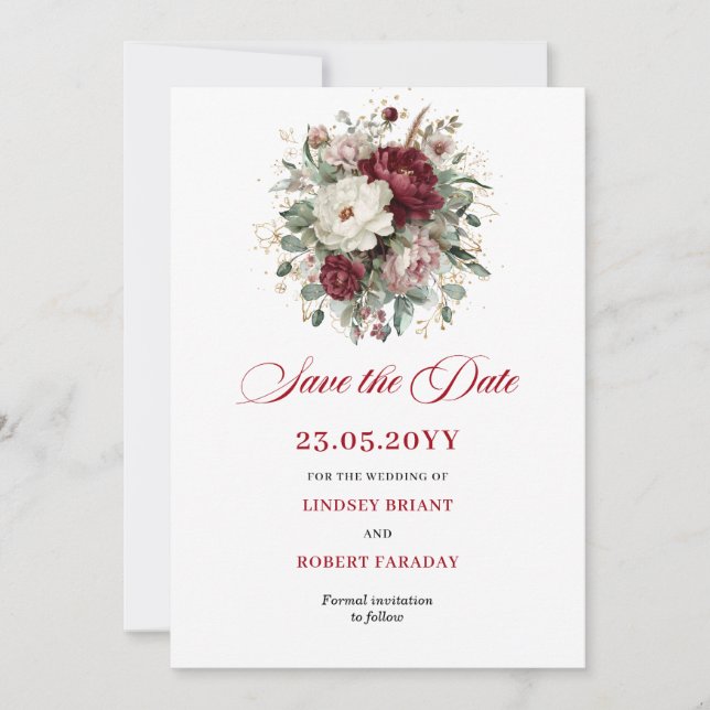 Carte d'annonce de mariage élégante avec fleurs bo (Devant)