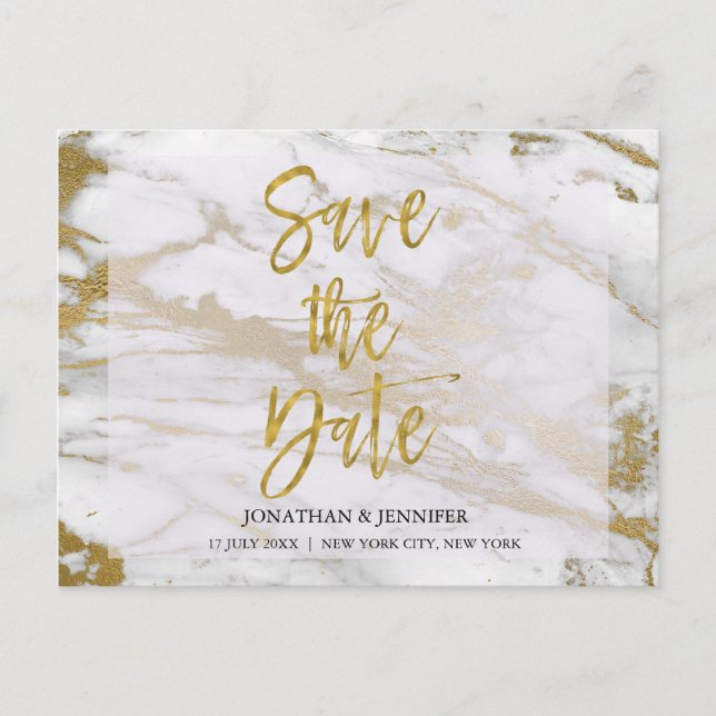 Carte d'annonce de mariage élégante en marbre et o (Devant)