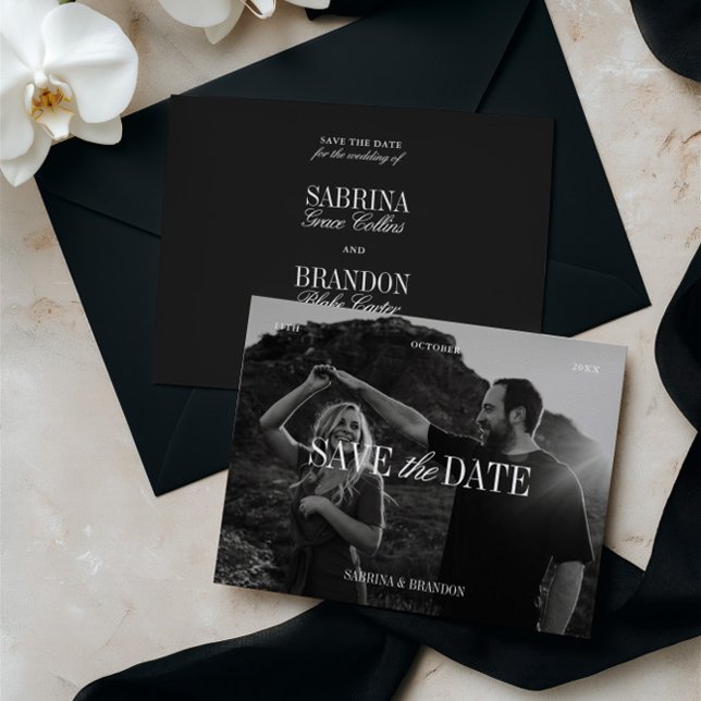Carte d'annonce de mariage élégante en noir et bla (Créateur téléchargé)