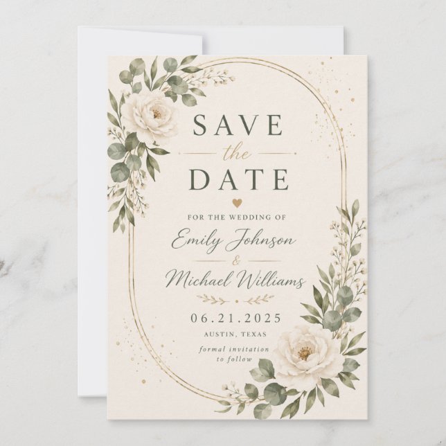 Carte d'annonce de mariage Élégante Fleurs Blanche (Devant)