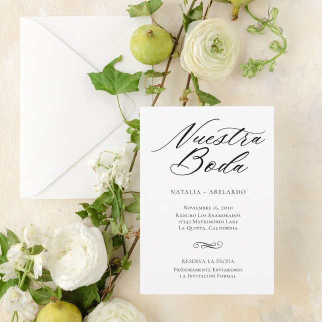 Carte d'annonce de mariage élégante noir et blanc  (Spanish Save the Date card for your Spanish-only friends and family. #latinawedding)