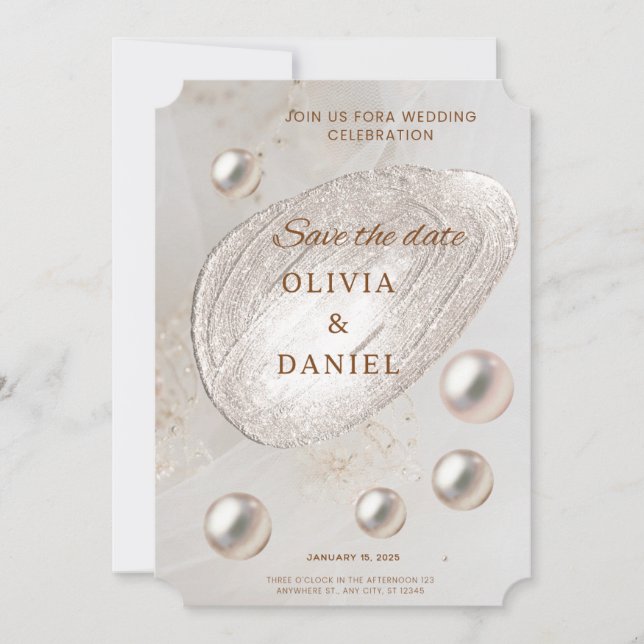 Carte d'annonce de mariage élégante or et perle (Devant)