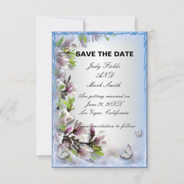 Carte d'annonce de mariage élégante papillon flora (Devant)