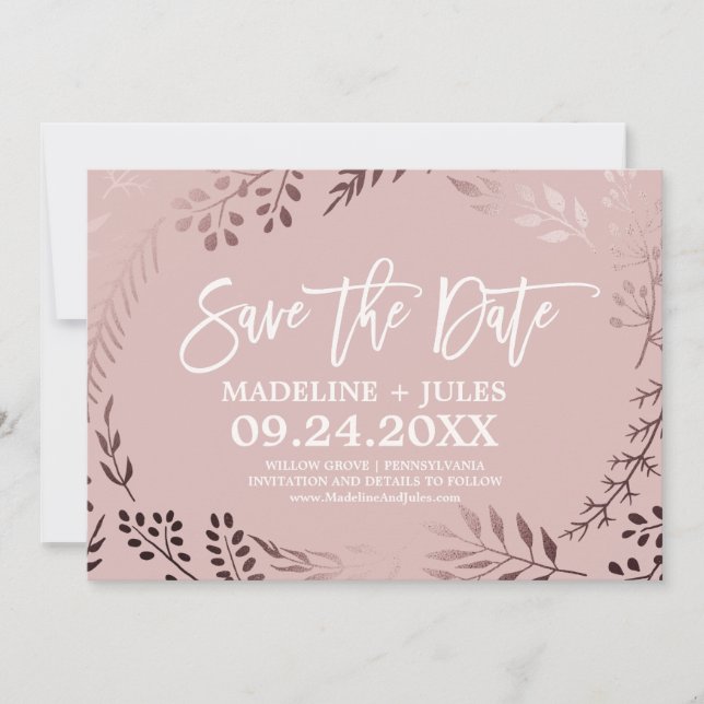 Carte d'annonce de mariage élégante rose gold et r (Devant)