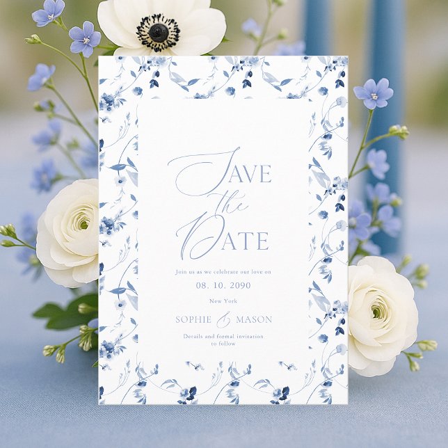 Carte d'annonce de mariage florale bleu poussiéreu (Créateur téléchargé)