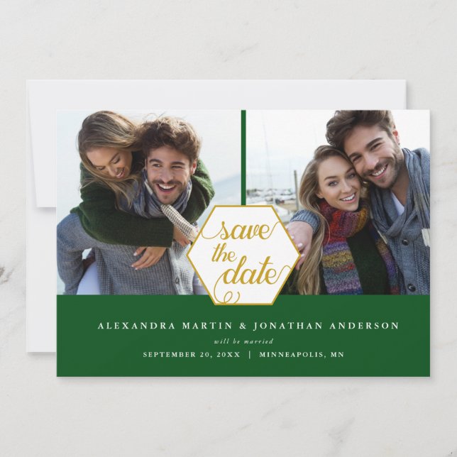 Carte d'annonce de mariage Gold Polygon 2 Photos E (Devant)