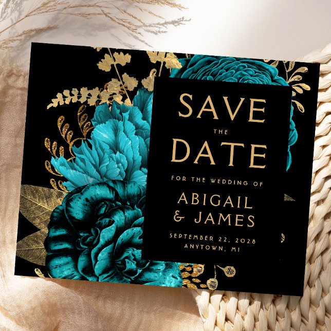 Carte d'annonce de mariage turquoise et or à petit (Créateur téléchargé)