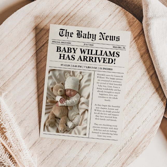 Carte d'annonce de naissance avec photo de journal (Créateur téléchargé)