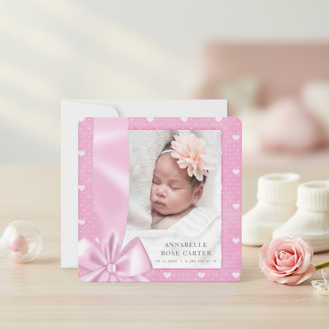 Carte d'annonce de naissance bébé ruban coeur rose (Sweet Pink Heart Ribbon Baby Announcement Card)