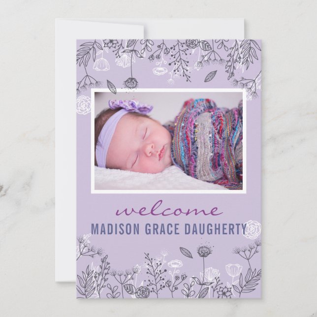 Carte d'annonce de naissance chic florale violette (Devant)