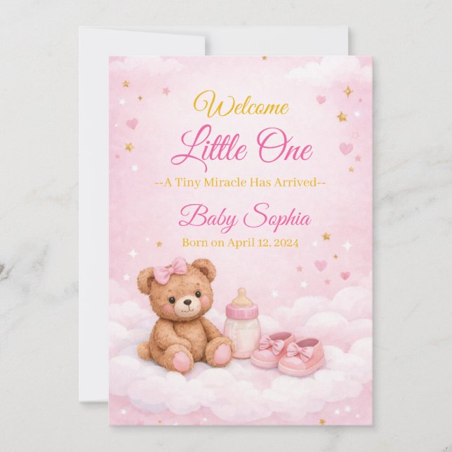 Carte d'annonce de naissance de bébé fille Ourson  (Devant)