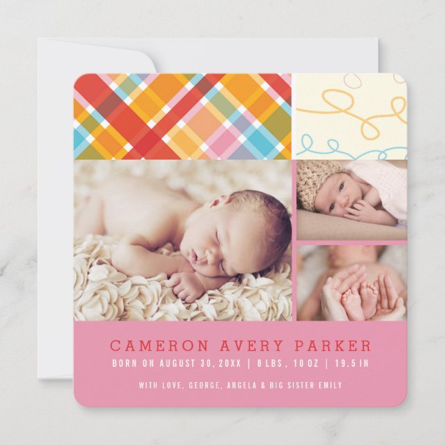 Carte d'annonce de naissance de bébé fille Patchwo (Devant)
