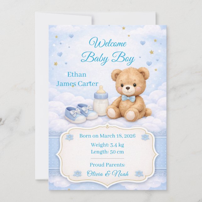 Carte d'annonce de naissance de bébé garçon Ourson (Devant)