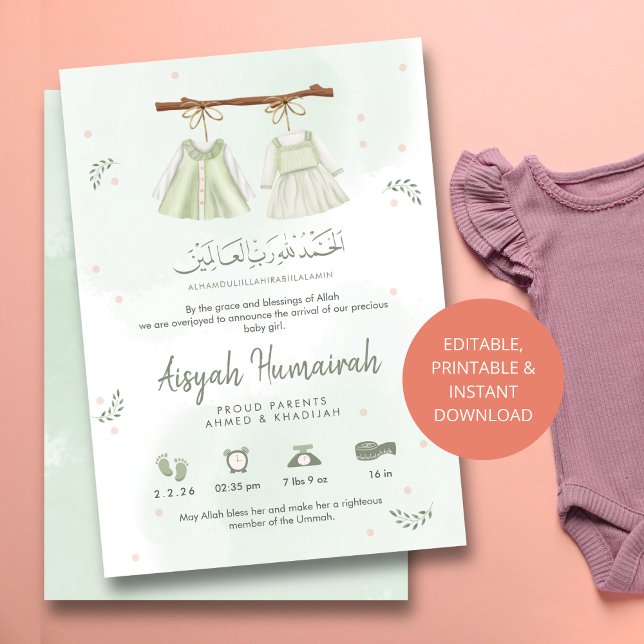 Carte d'annonce de naissance de bébé islamique ver (Créateur téléchargé)