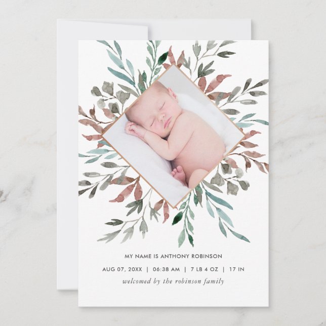 Carte d'annonce de naissance en verdure rustique h (Devant)