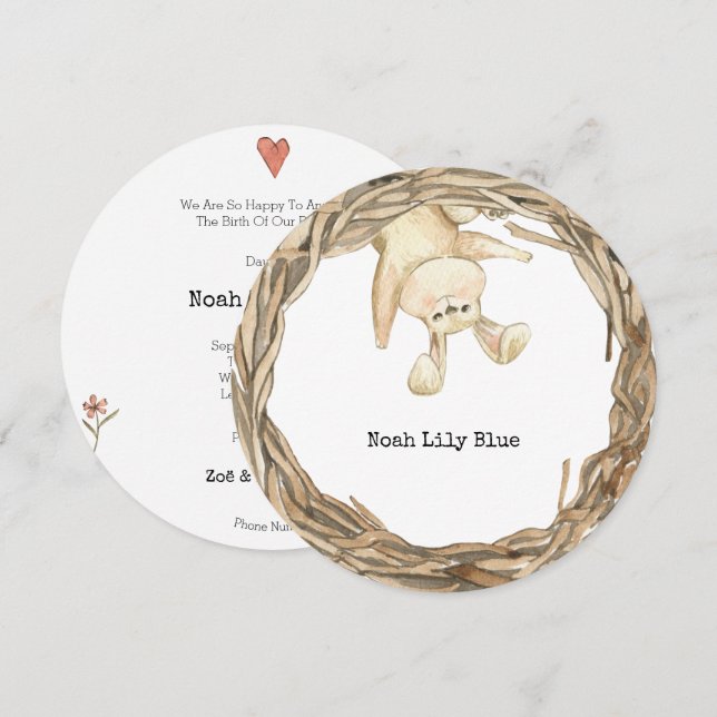 Carte d'annonce de naissance fille bébé animal lap (Devant / Derrière)