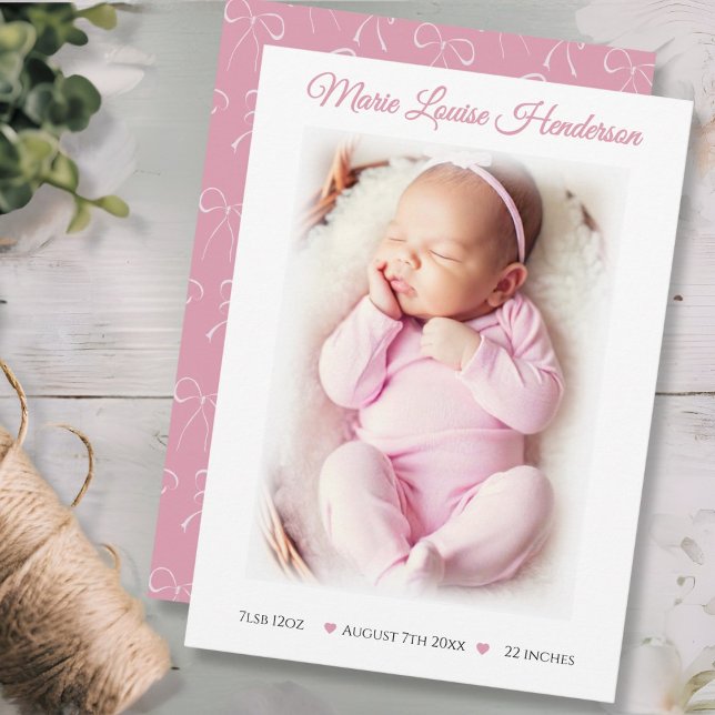 Carte d'annonce de naissance fille rose et blanc (Baby Girl Pink White Bows Birth Announcement Card)