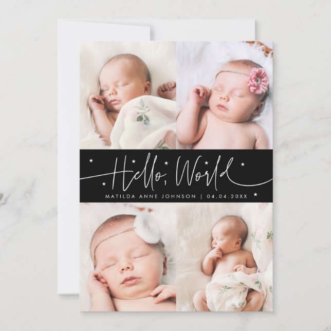 Carte d'annonce de naissance « Hello World » noire (Devant)