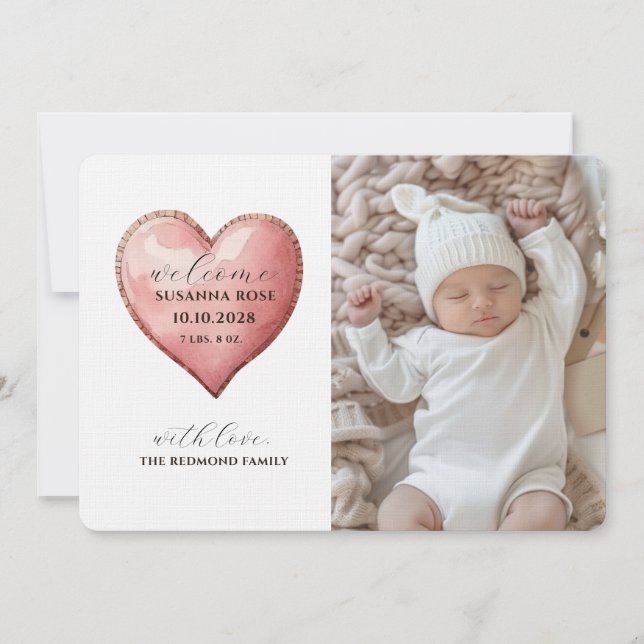 Carte d'annonce de naissance moderne avec cœur pou (Devant)