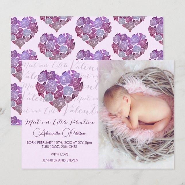 carte d'annonce de naissance Saint-Valentin Romant (Devant / Derrière)