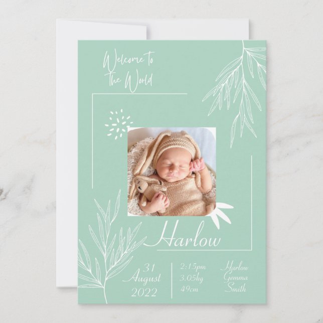 Carte d'annonce de naissance Teal Bienvenue dans l (Devant)