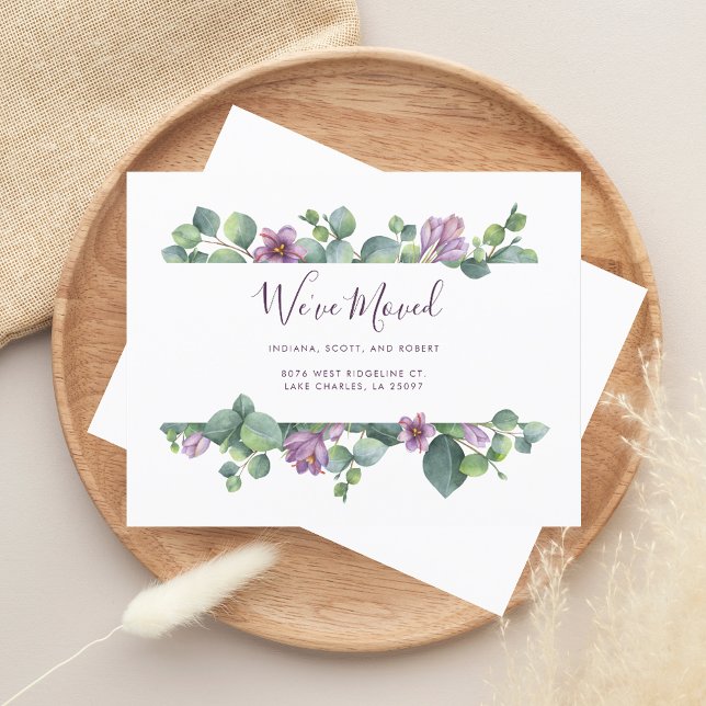 Carte d'annonce de nouvelle adresse de domicile No (We Moved Watercolor Sage Green and Purple Moving Announcement)