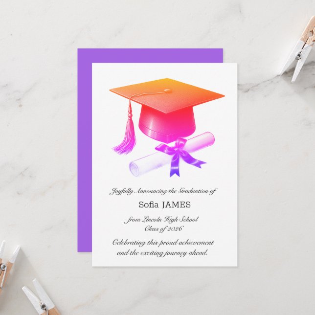 Carte d'annonce de remise de diplôme élégante (Devant/Arrière en situation)