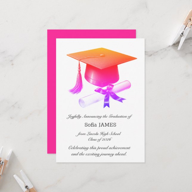 Carte d'annonce de remise de diplôme élégante (Devant/Arrière en situation)