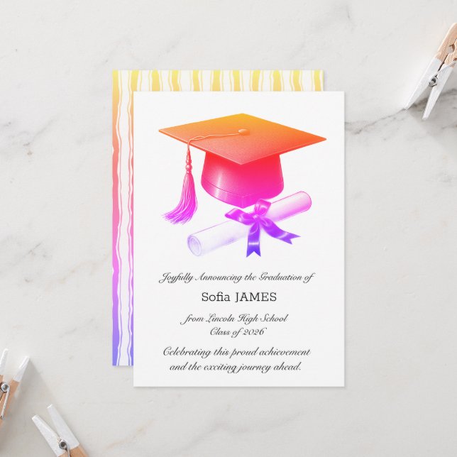 Carte d'annonce de remise de diplôme élégante (Devant/Arrière en situation)