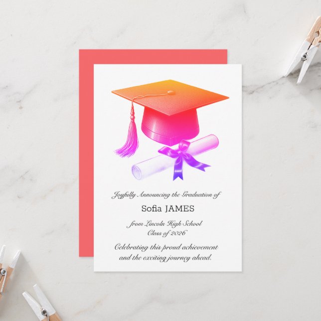 Carte d'annonce de remise de diplôme élégante (Devant/Arrière en situation)