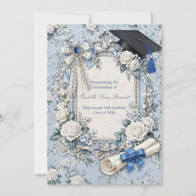 Carte d'annonce de remise de diplôme florale bleue (Devant)