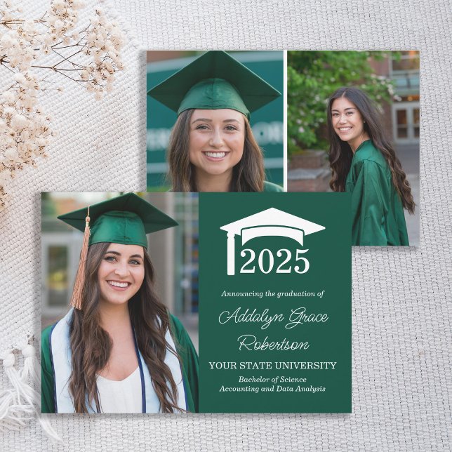 Carte d'annonce de remise de diplôme Green College (Green and white 3-photo college of high school graduation announcement)