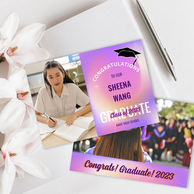 Carte d'annonce de remise de diplôme photo violet  (Class of 2023 Purple Photo Graduation Announcement)