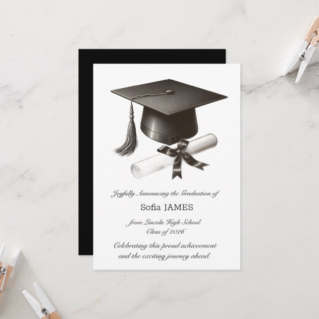 Carte d'annonce de remise de diplômes élégante (Devant/Arrière en situation)