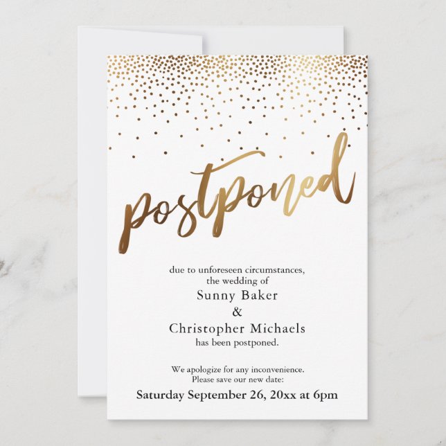 Carte d'annonce de report de mariage avec confetti (Devant)